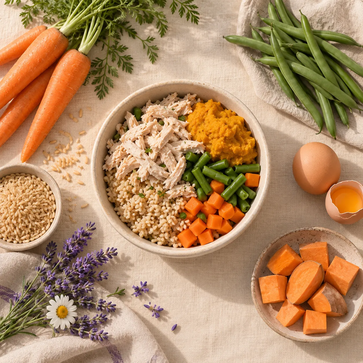 Overhead bowl of home-cooked dog food with fresh carrots, green beans, rice and lavender